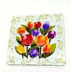 Decorative Fused Square Glass 8" Tulip Plate Trinket Dish